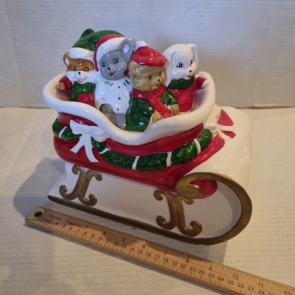 Vintage House Of Lloyd Christmas Cookie Jar Animal Slay Sled Cat Dog Rabbit